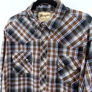 Vtg Wrangler XXL Western Pearl Snap Shirt Brown Plaid Cowboy Rockabilly‎ Flawed